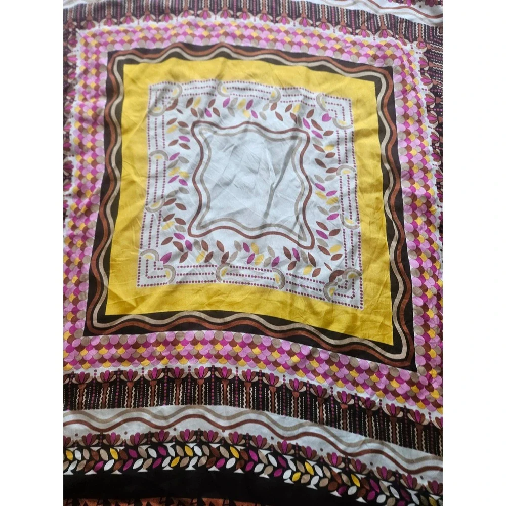 Aqua 100% Silk Square Scarf Pink Yellow Brown Geometric Floral Print Neckerchief